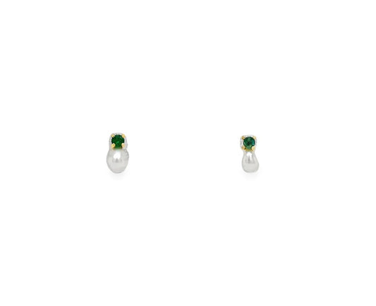 Front view of 18k Yellow Gold Emerald and Pearl Baby Earrings