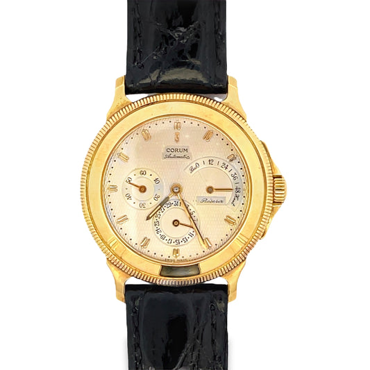 Top view of Estate 18k Yellow Gold Corum Automatic Leather Band Watch 