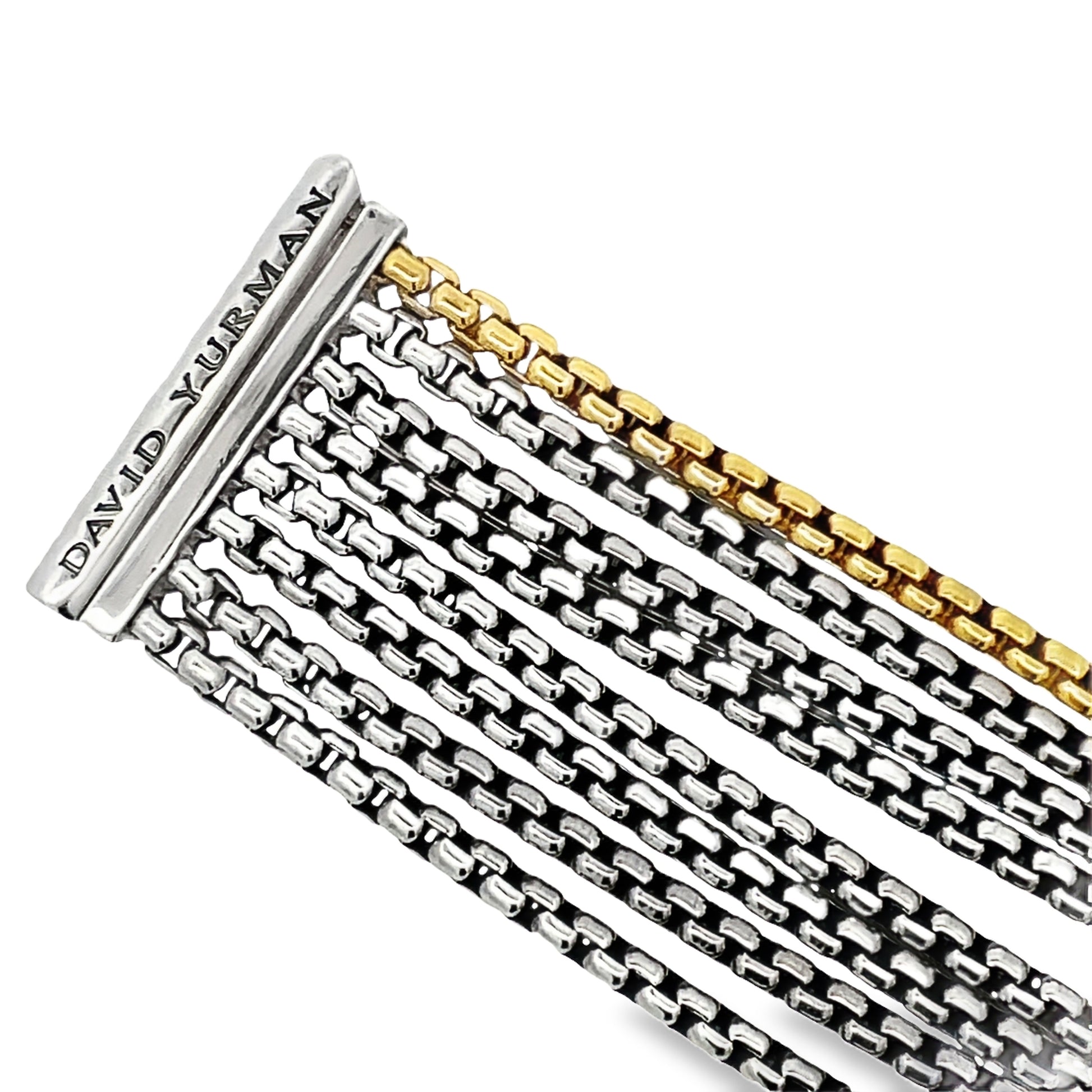 Top view of unfastened Estate David Yurman 8-Row Cable Bracelet 18k Yellow Gold & Sterling Silver 