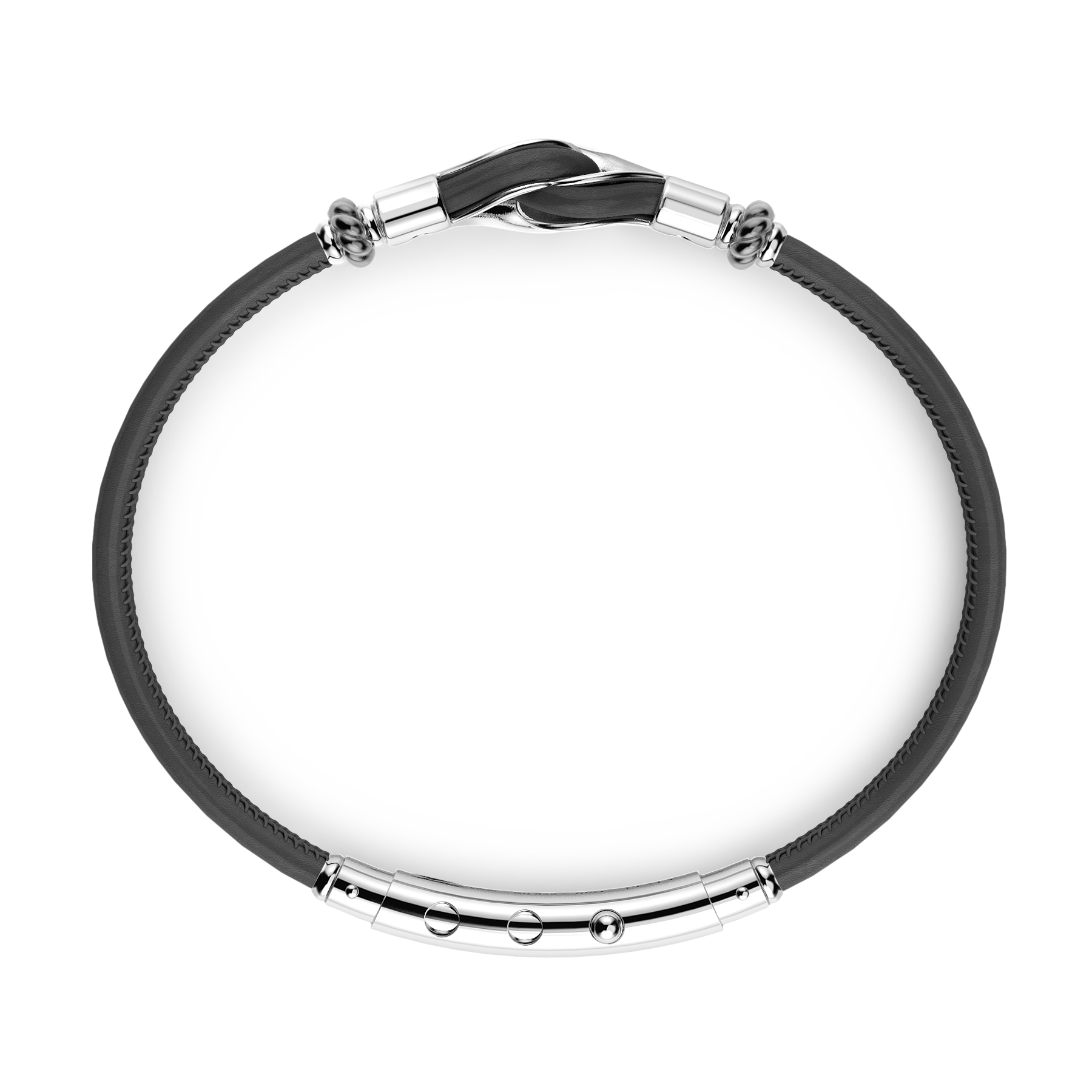 Expertly crafted in Italy, the Zancan Black Leather Sterling Silver Bracelet features a 2" nautical knot of sterling silver with a rhodium coating. The 8" long bracelet is customizable with an adjustable slide lock. Navigate in style with this timeless piece.
