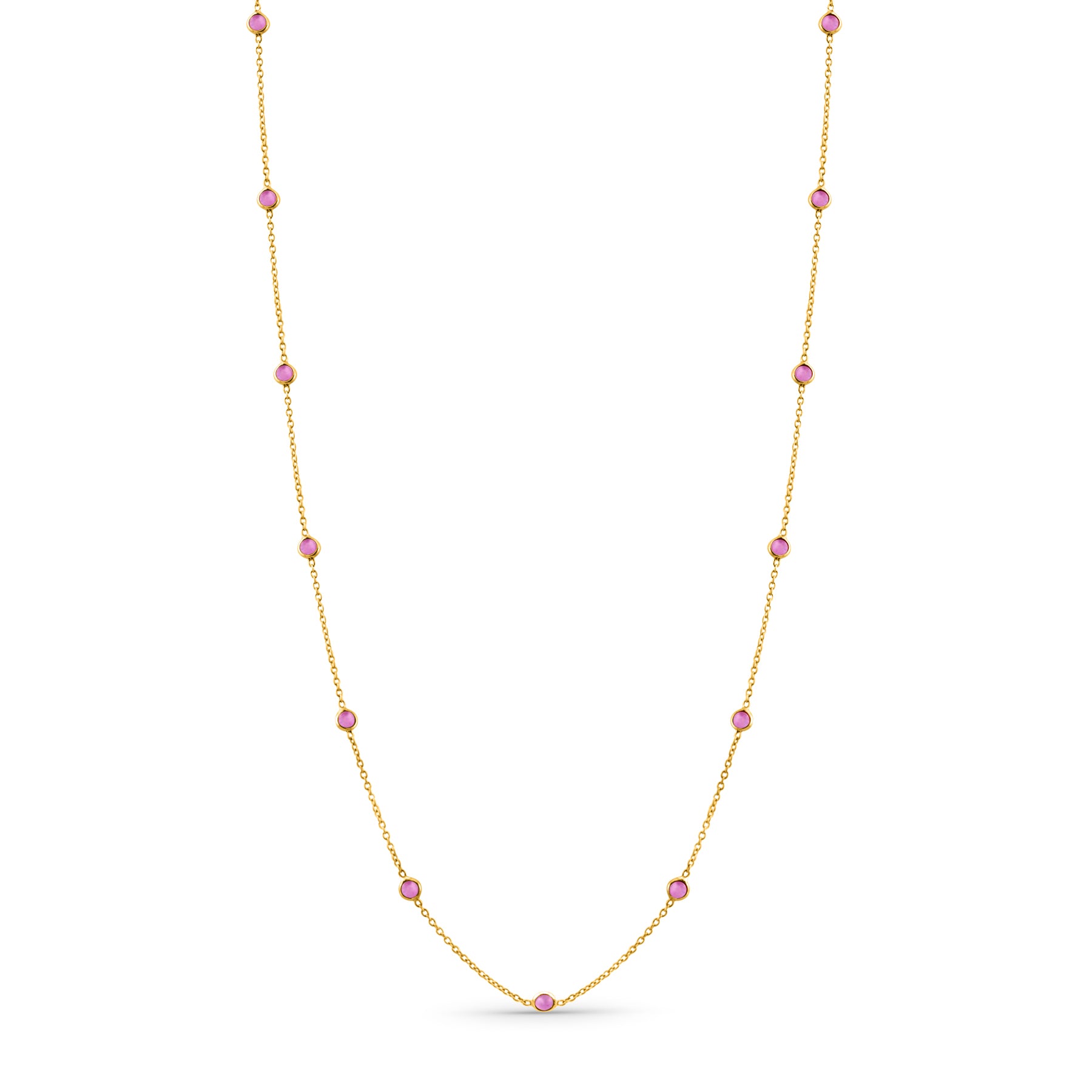 Indulge in luxury with our Pink Sapphire by the Yard Necklace. Crafted with 18k yellow gold and adorned with stunning Sapphires stones, this necklace is sure to make a statement. The secure clasp and adjustable sizing loop add convenience and versatility to this elegant piece. 3.00 mm sapphire size 18" long with sizing loop at 16"