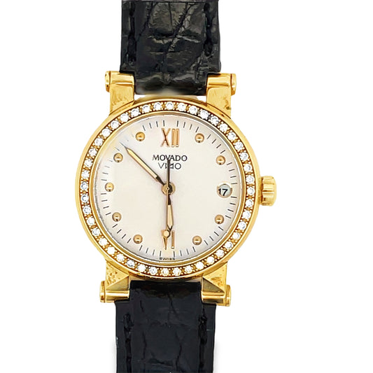 Front view of Estate Ladies 18k Yellow Gold and Diamond Vizio Leather Band Watch