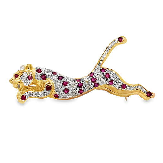 Front view of Estate Collection 14k Yellow Gold Ruby and Diamond Panther Brooch 