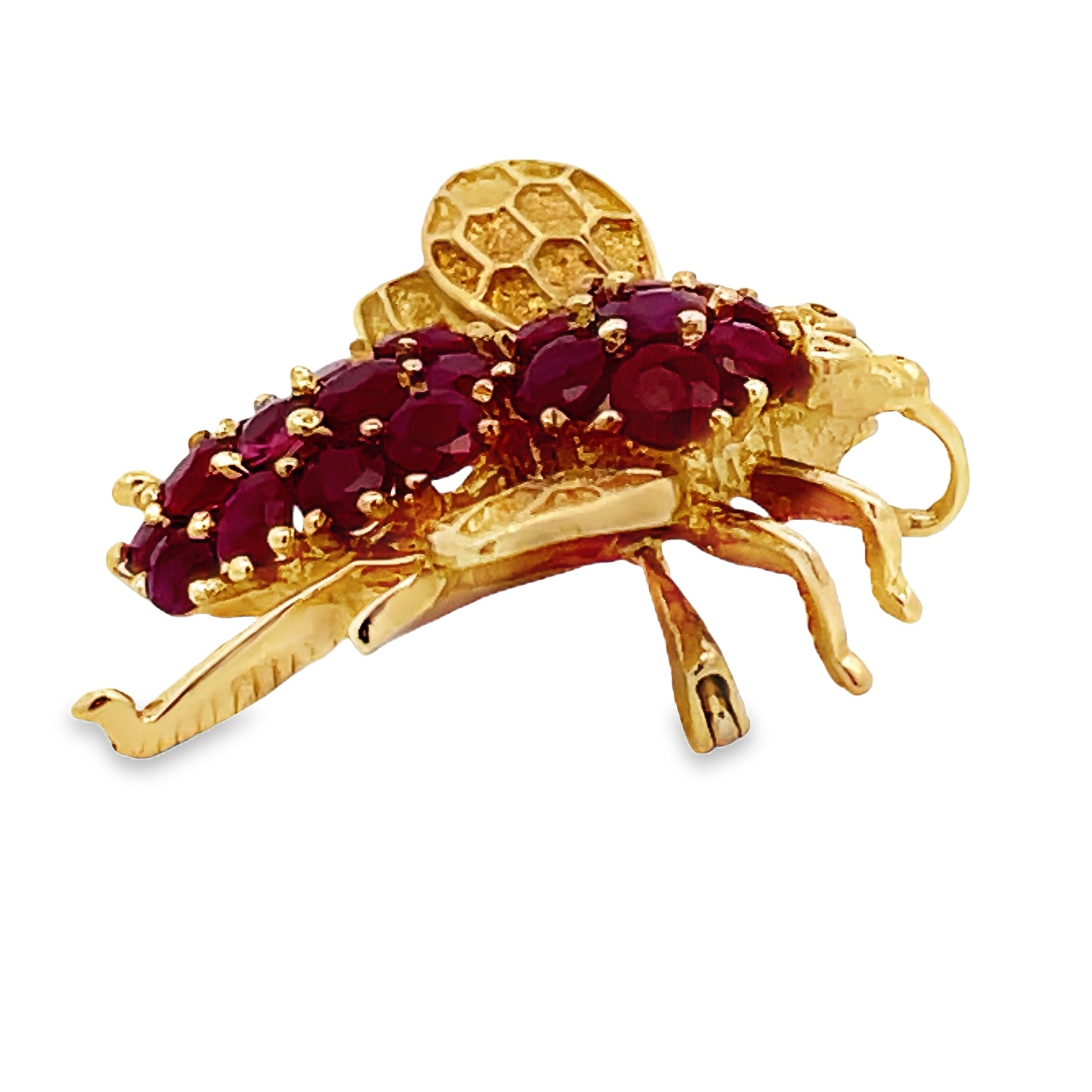 Side view of Estate 14k Yellow Gold Ruby and Diamond Bee Small Brooch 
