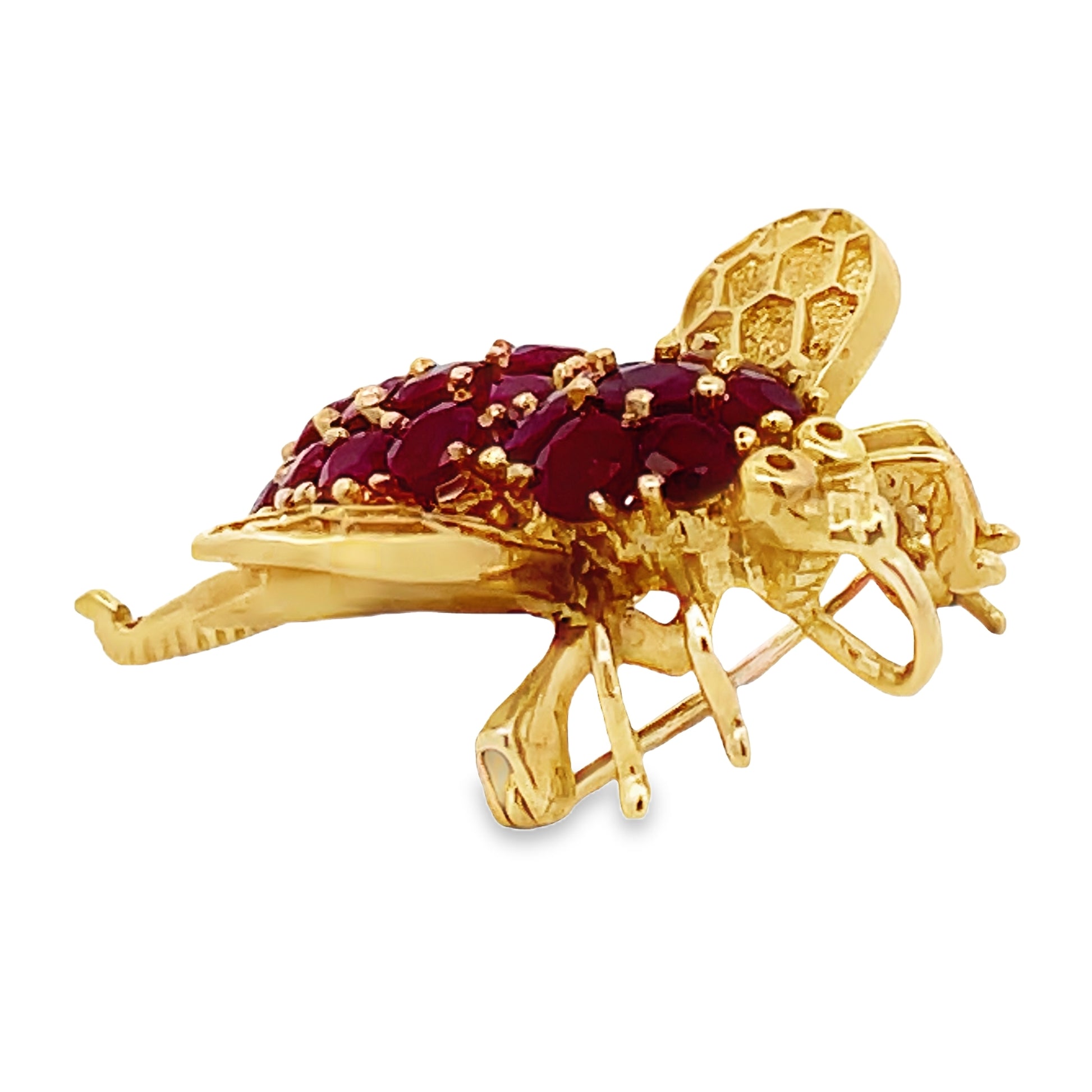 Side view of Estate 14k Yellow Gold Ruby and Diamond Bee Small Brooch 