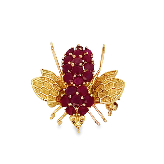 Top view of Estate 14k Yellow Gold Ruby and Diamond Bee Small Brooch 