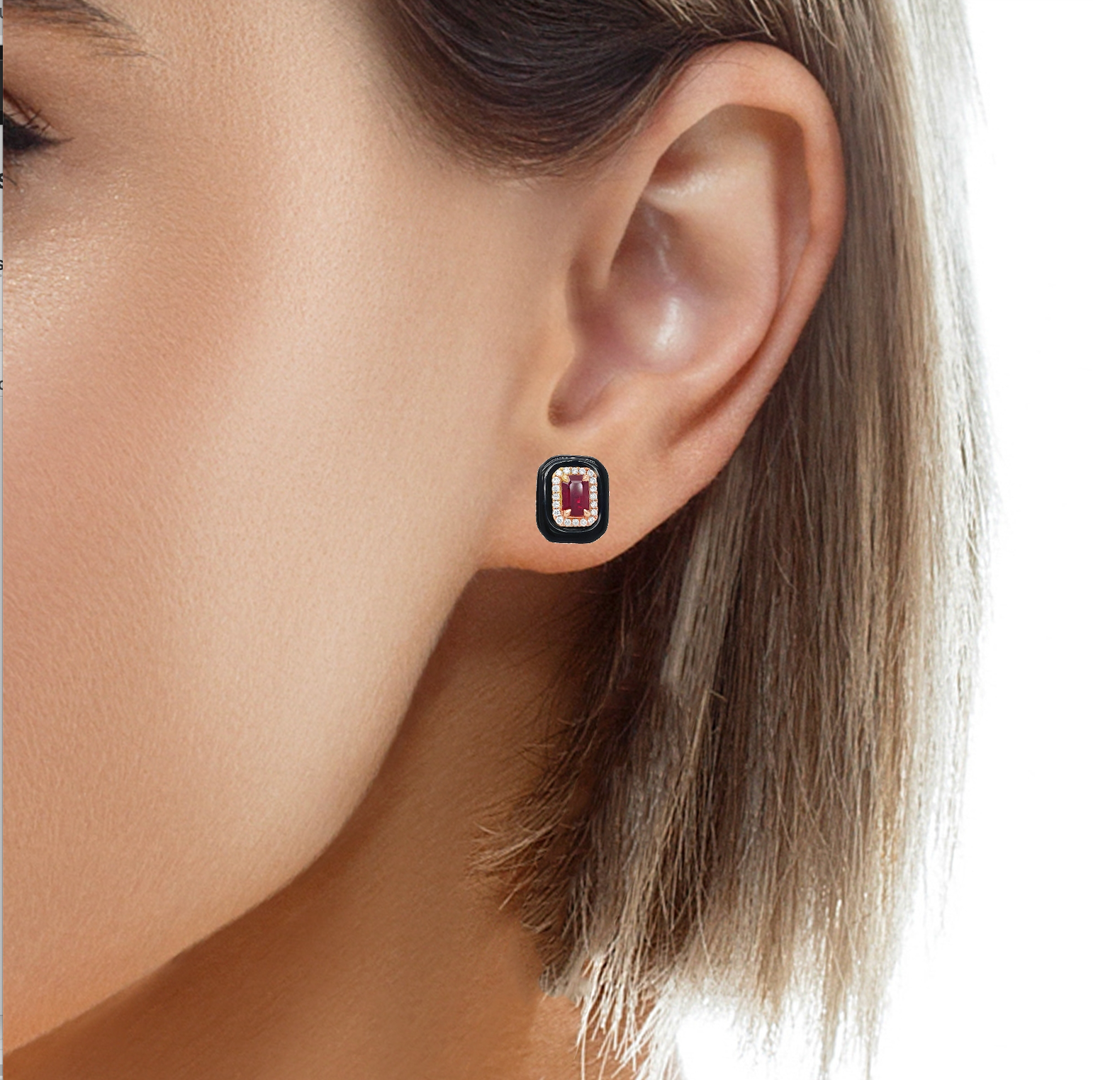 Ruby and Diamond Stud Earrings Set in Onyx Try on View