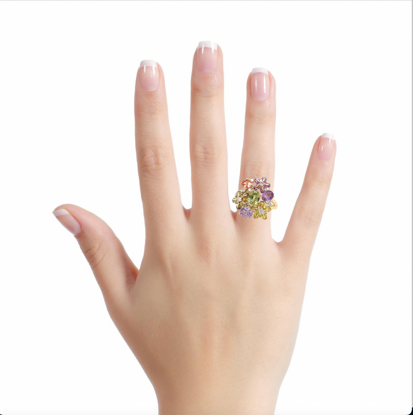 Multicolor Sapphire & Diamond Flower Motif Ring Try on View