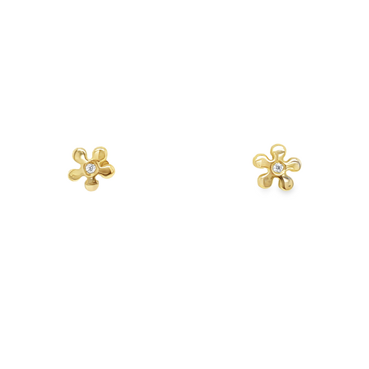 Front view of 18k Yellow Gold Baby Yellow Gold Diamond Flower Earrings