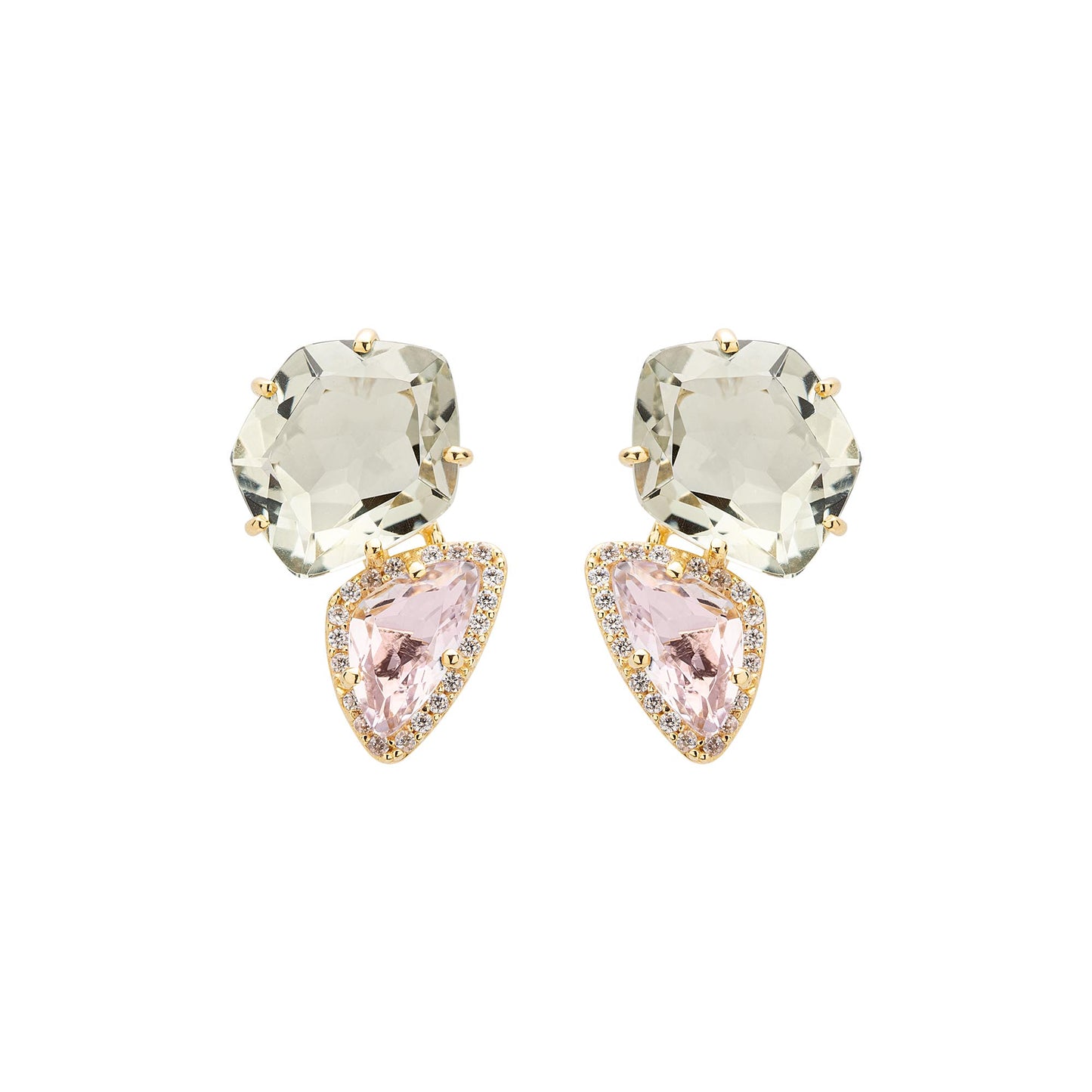 18k Yellow Gold Amethyst, Praziolite & Diamond Stud Earrings Front view