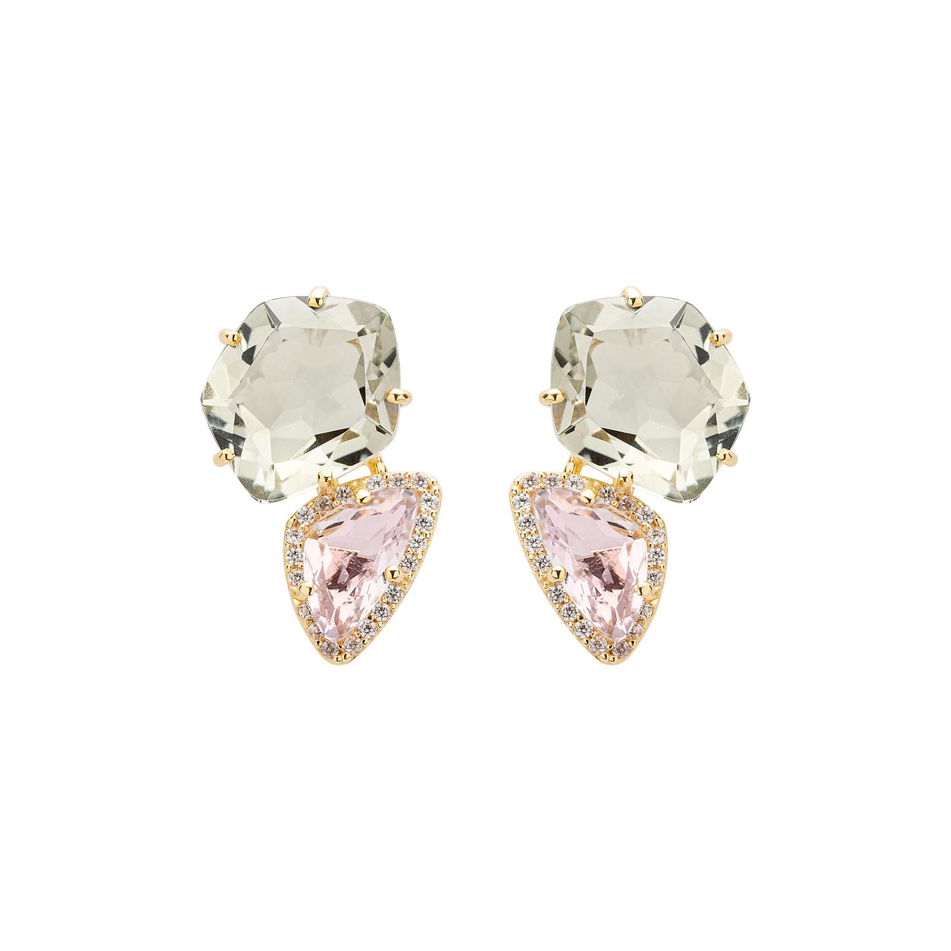 18k Yellow Gold Amethyst, Praziolite & Diamond Stud Earrings Front view