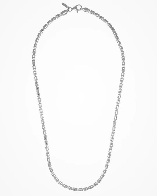 top view of Italian Made Mens Rhodium Coated Barrel Link Sterling Silver Necklace 24"