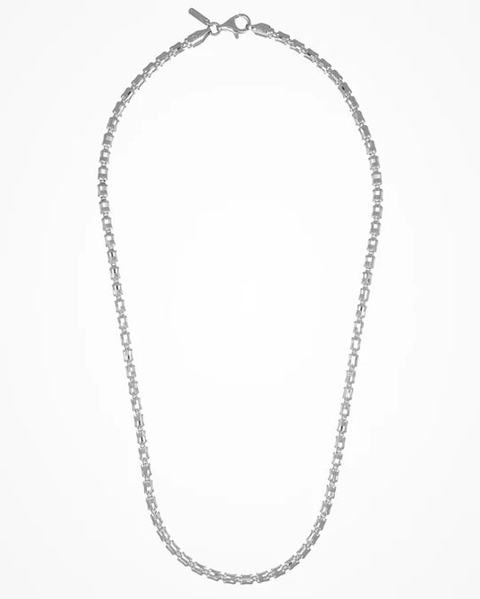 top view of Italian Made Mens Rhodium Coated Barrel Link Sterling Silver Necklace 24"