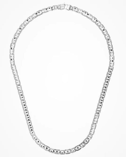 Top view of Italian Made Mens Rhodium Coated Flat Fancy Link Sterling Silver Necklace 22" 