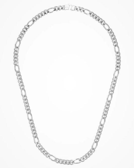 Top view of Italian Made Mens Rhodium Coated Flat Figaro Sterling Silver Necklace 24"