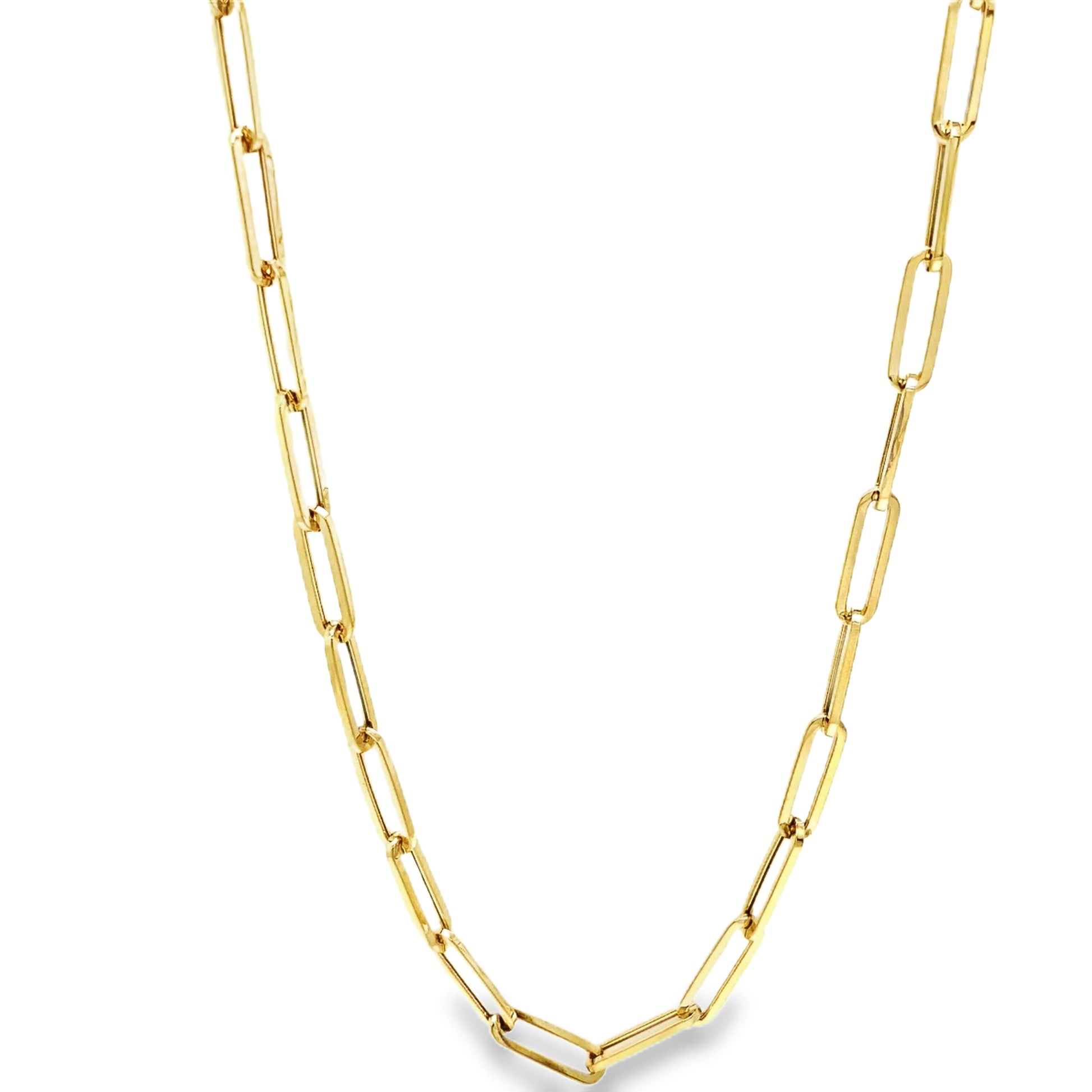 Front view of 14K Yellow Gold Paperclip Link Light Necklace 18"
