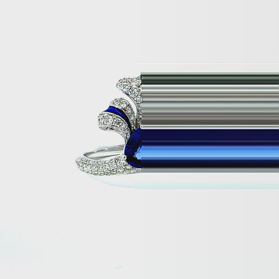 Try on video of Front of 18k white Gold Sapphire and Diamond Feather Enamel Ring