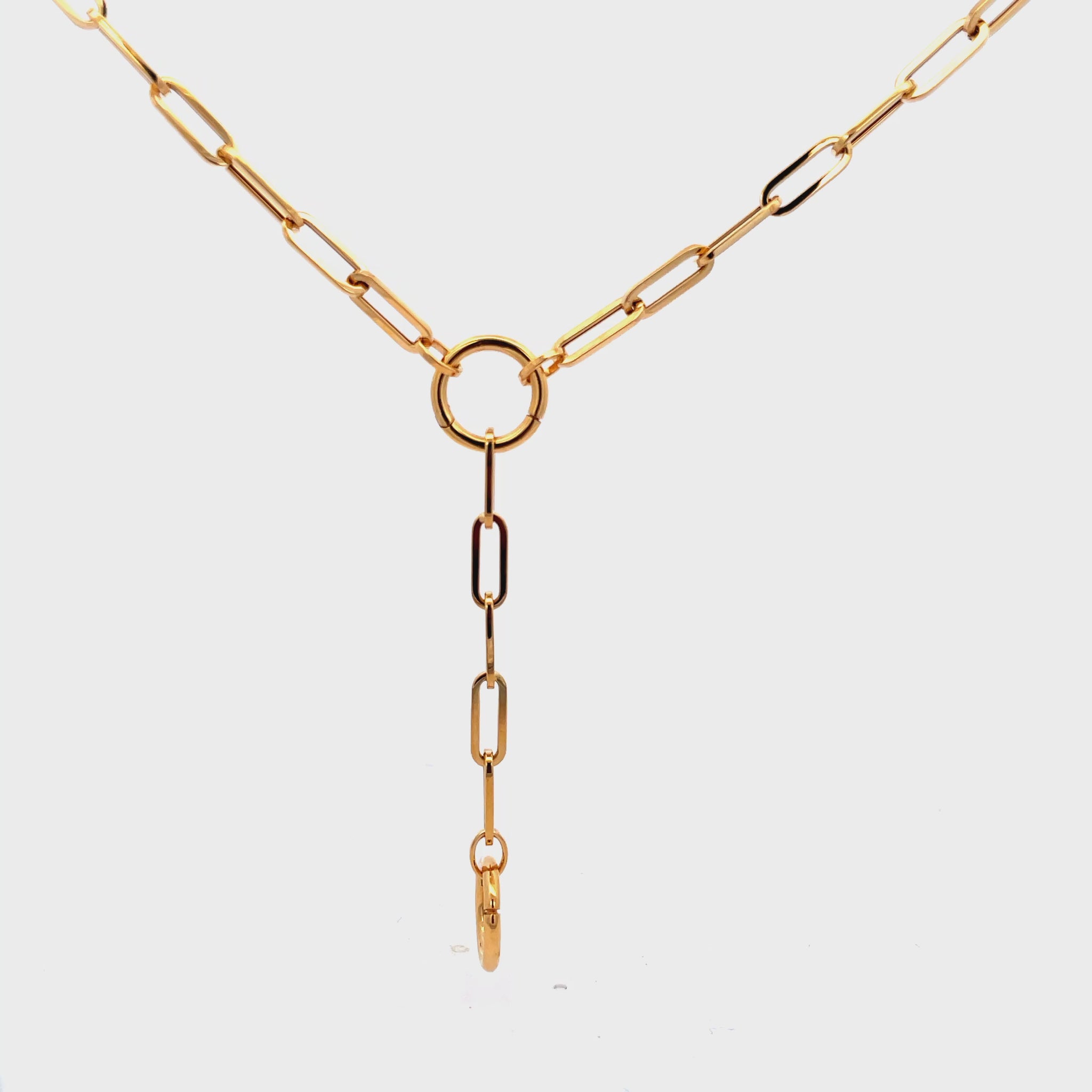 Try on video of 18K Italian Made Yellow Gold Lariat Paperclip Necklace 20" long