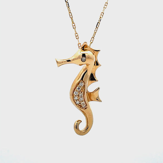 Try on view of 14k Yellow Gold Diamond Seahorse Pendant Necklace