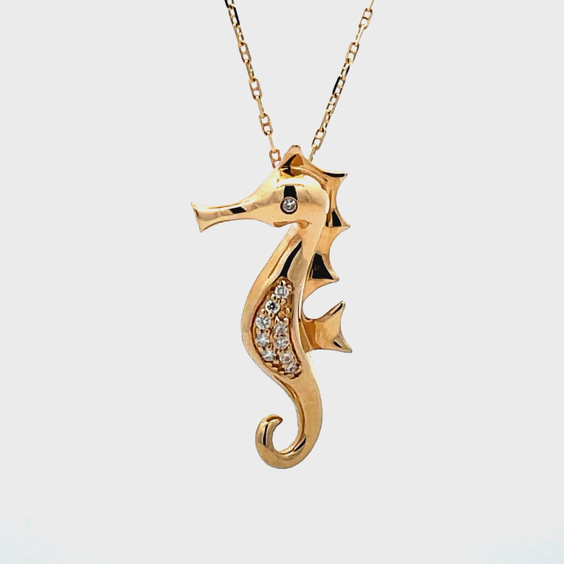Try on view of 14k Yellow Gold Diamond Seahorse Pendant Necklace