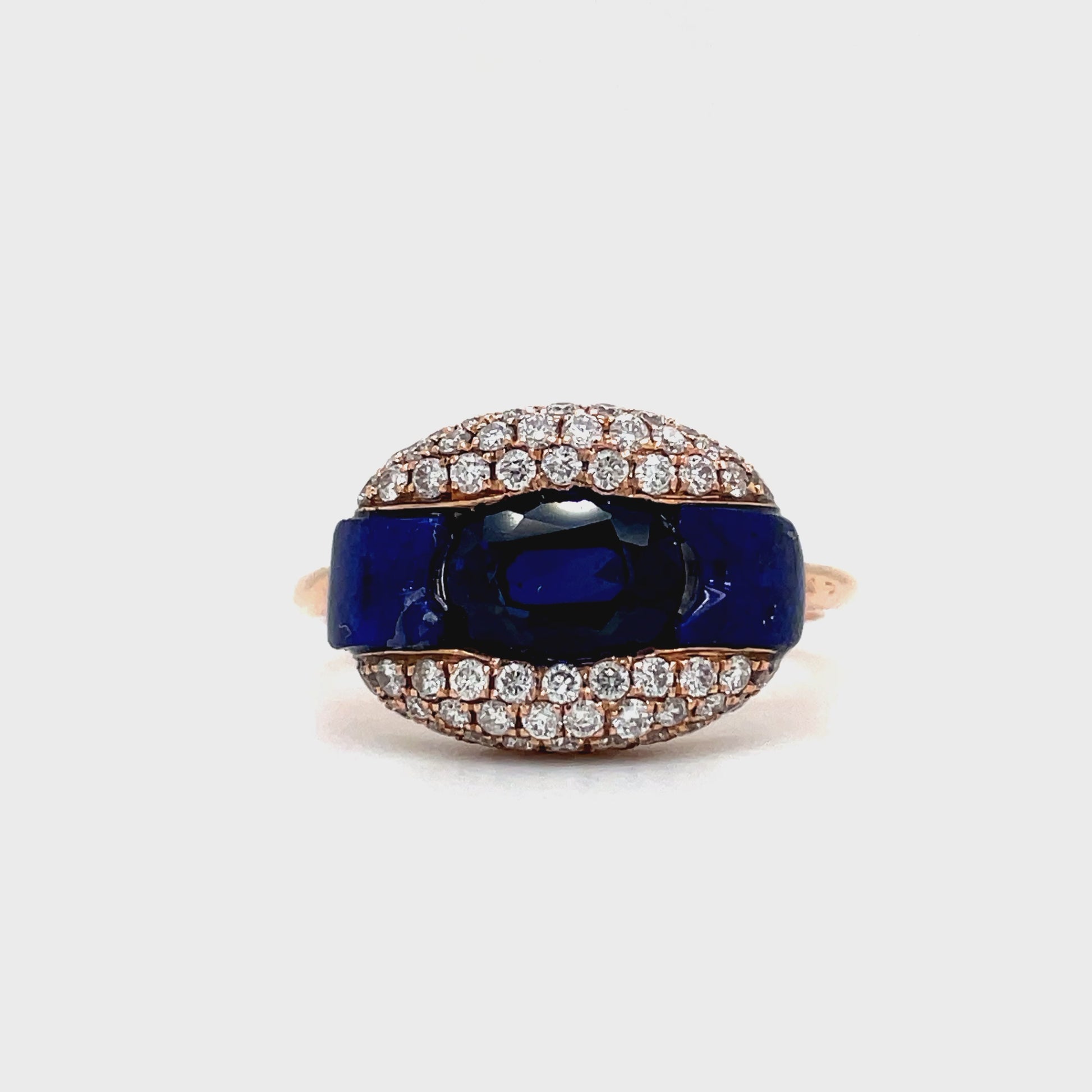 Try on video of 14k Rose Gold Open Oval Sapphire and Lapis-Lazuli Diamond Pave Ring