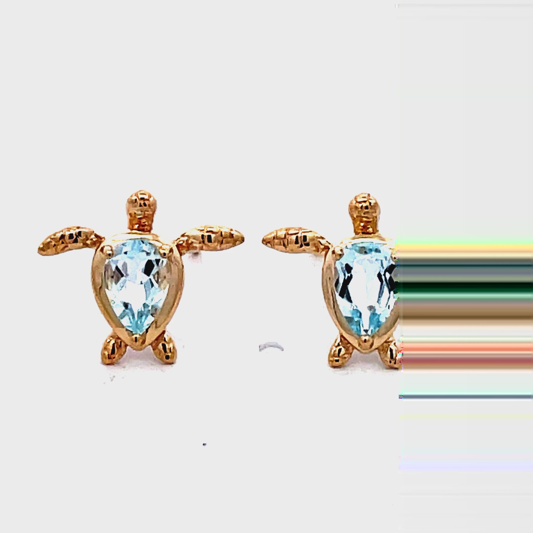 Try on video of 14k Yellow Gold Blue Topaz Turtle Earrings 