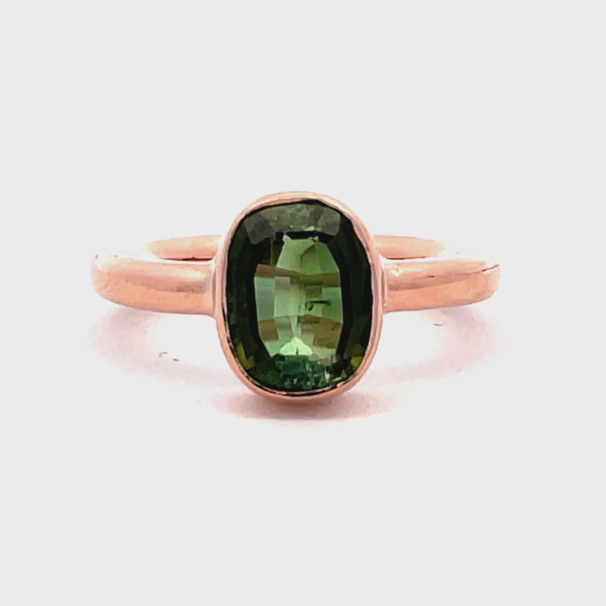 Try on video of Green Tourmaline Chunky 14k Rose Gold Ring 