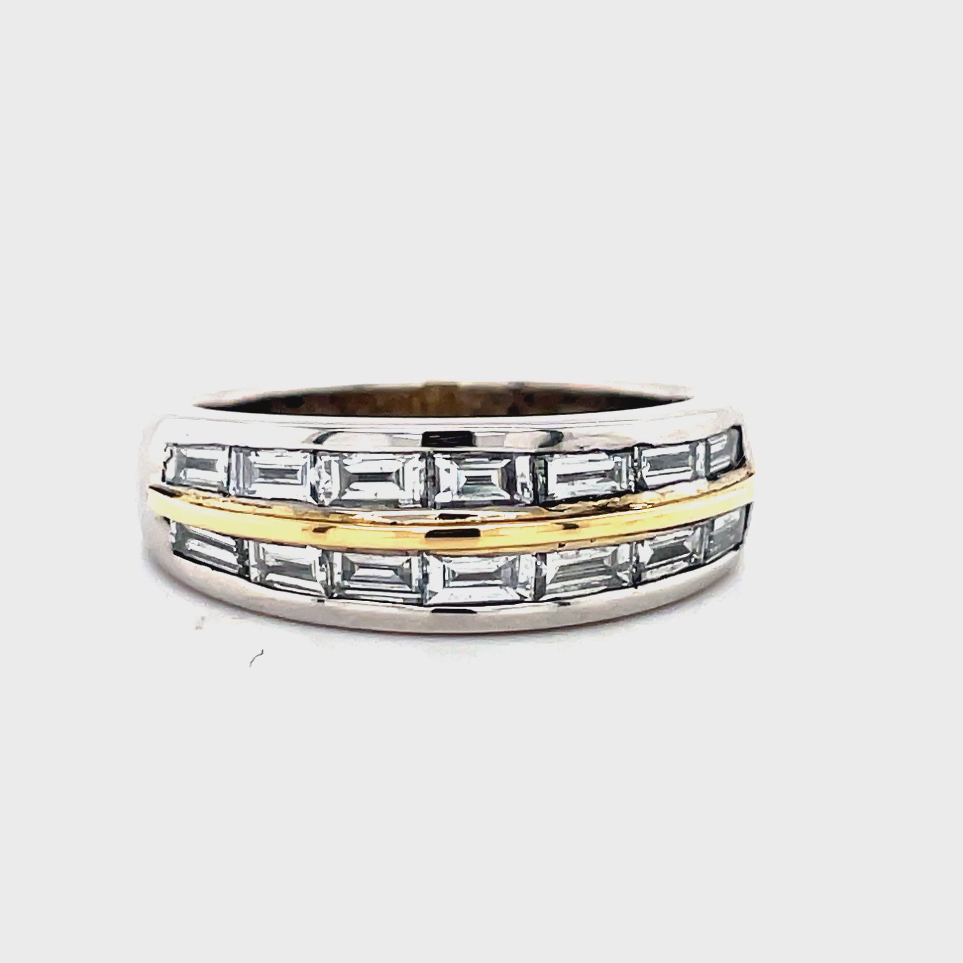 ndulge in luxury with our Anniversary Baguette Diamond Band. Featuring 1.00 cts of baguette and round diamonds in a double row, set in bright 18k white and yellow gold. With a striking dome style, this band exudes elegance and sophistication. Upgrade your collection today.