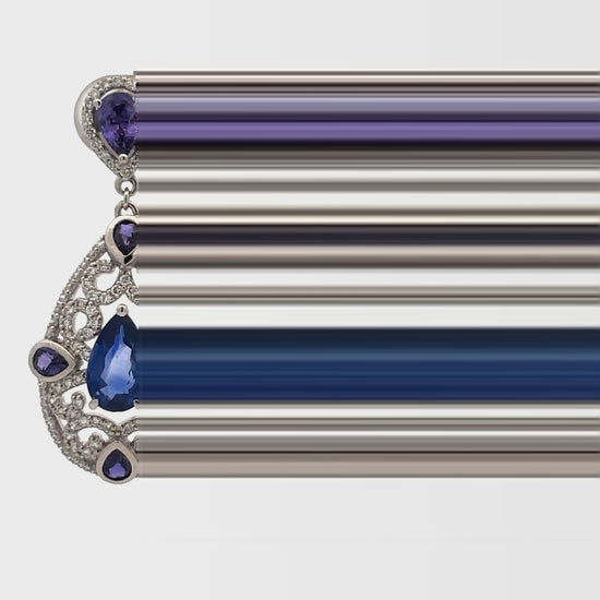 Watch video of front view of Multi Color Sapphire Teardrop Earrings Filigree Design