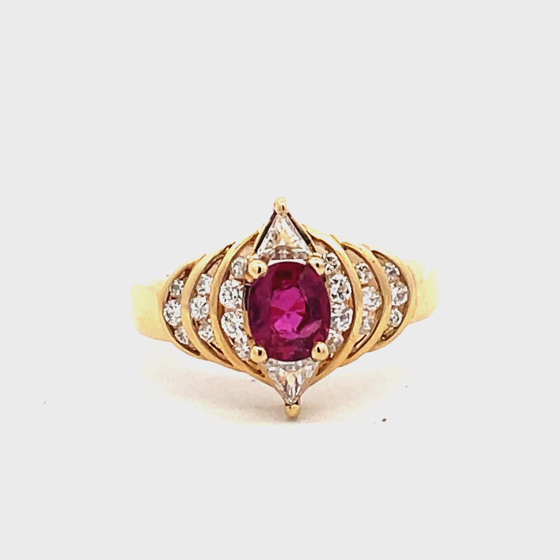 Try on video of Estate 18k Yellow Gold Ruby and Diamond Ring