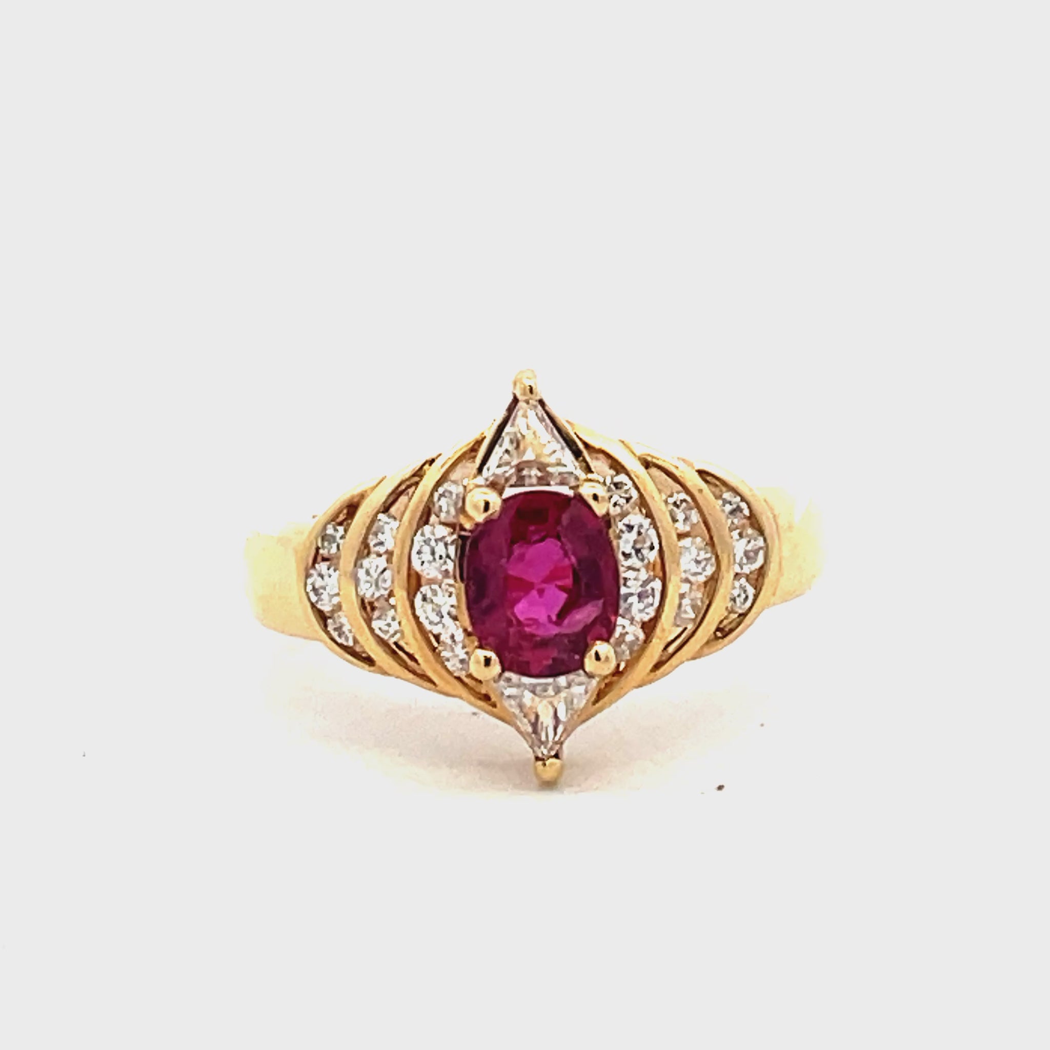 Try on video of Estate 18k Yellow Gold Ruby and Diamond Ring
