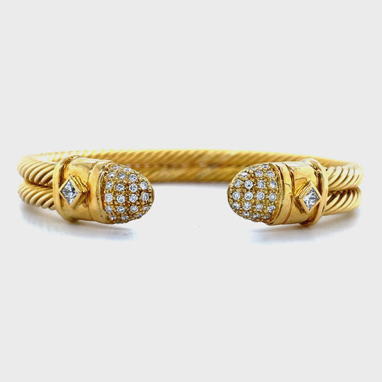 Front and Side View of 18k Yellow Gold Diamond Cable Cuff Bracelet