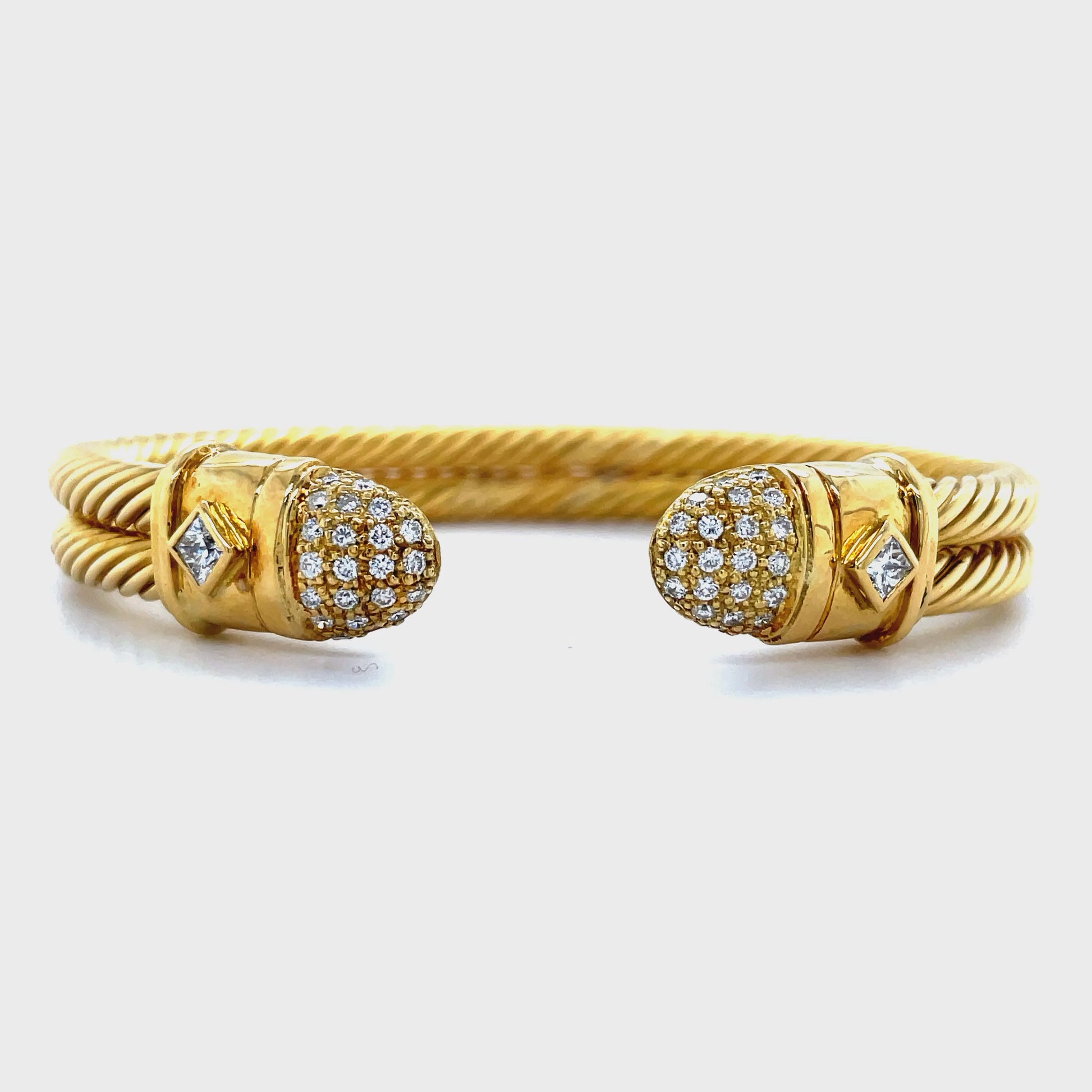 Front and Side View of 18k Yellow Gold Diamond Cable Cuff Bracelet