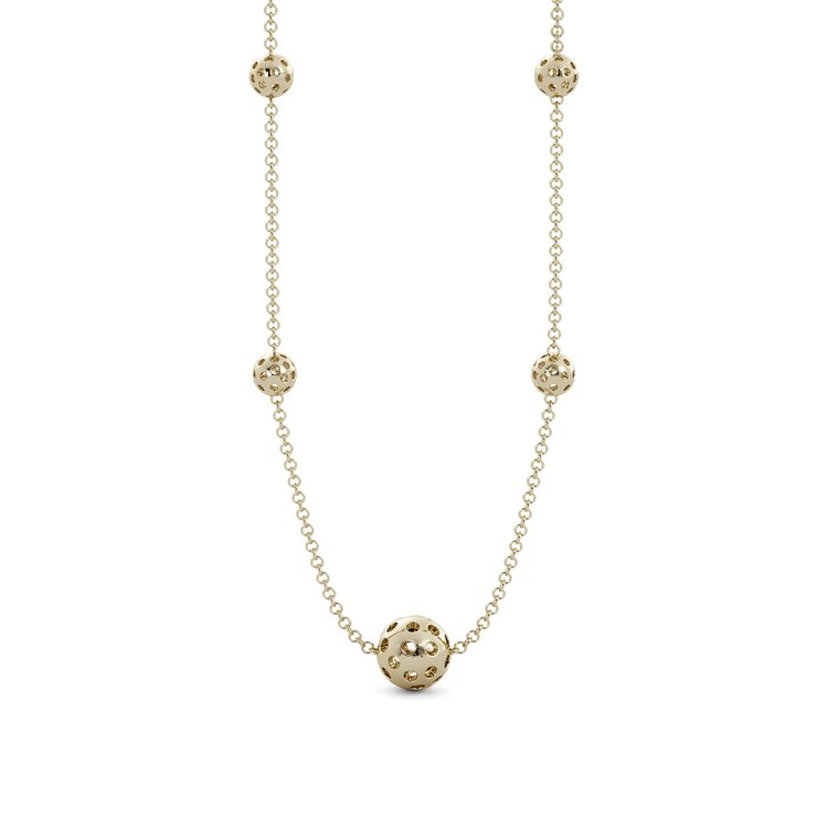 Front view of 14K Yellow Gold Five Pickleball Necklace