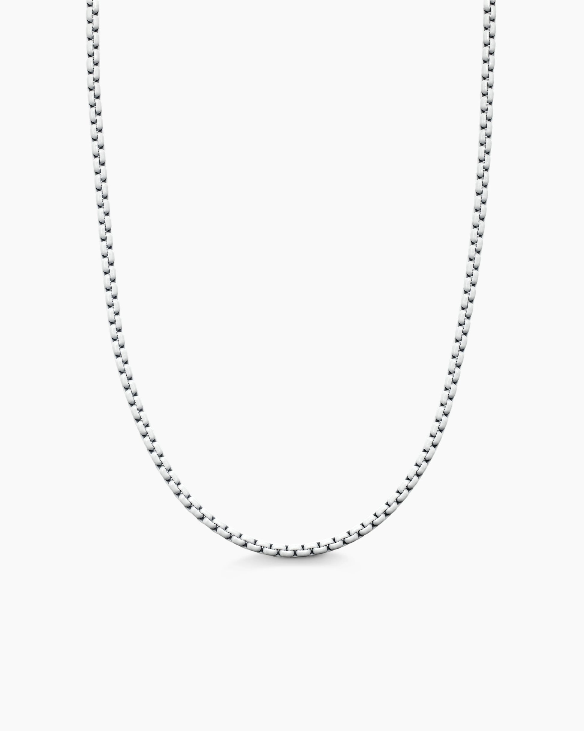 Front view of 14K White Gold Round Box Chain Link Necklace 24" 