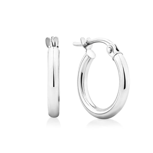 Small Size 2.00 mm Italian White Gold Hoops Earrings Front and Side View