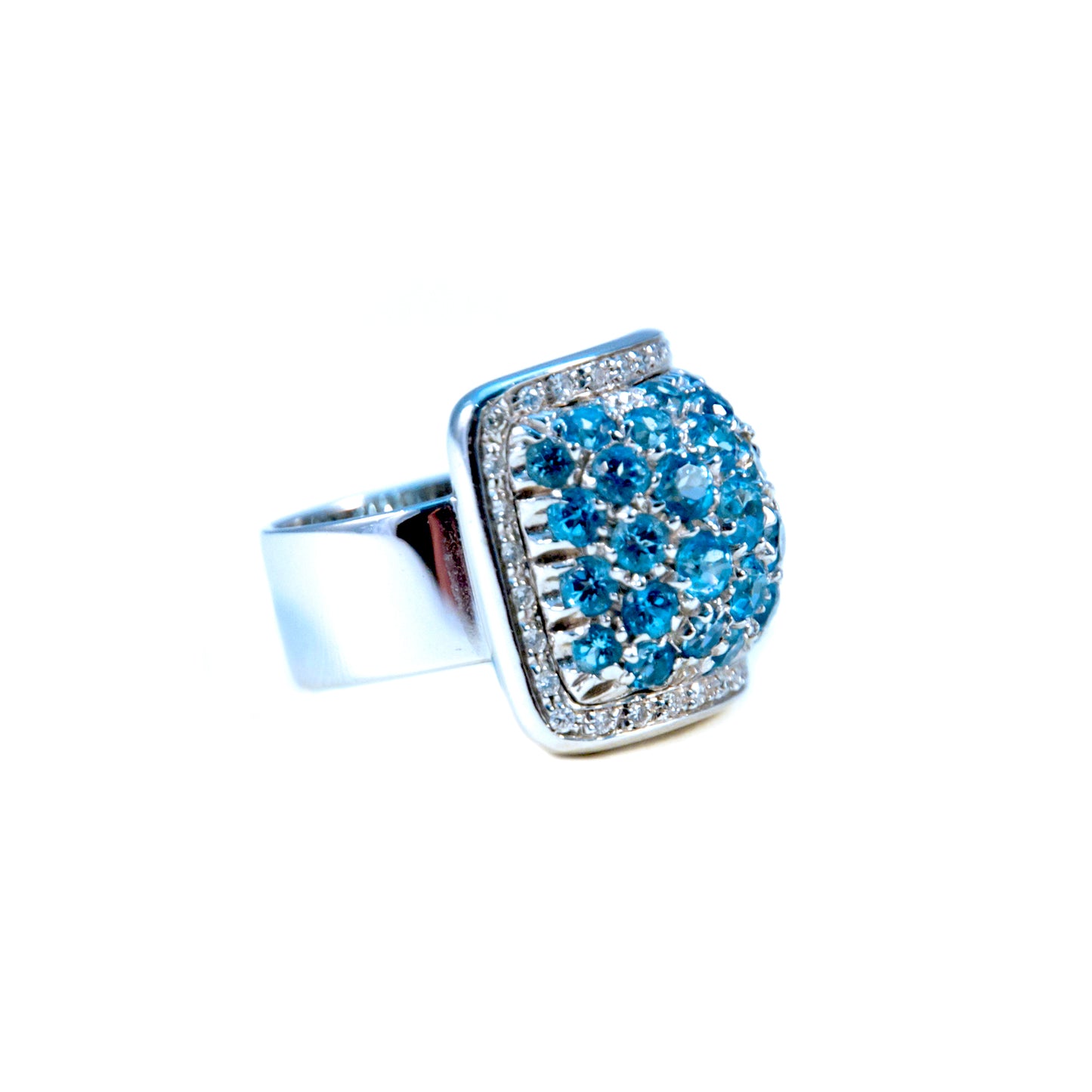 Front view of 18k White Gold Italian Made Blue Topaz & Diamond Italian Ring
