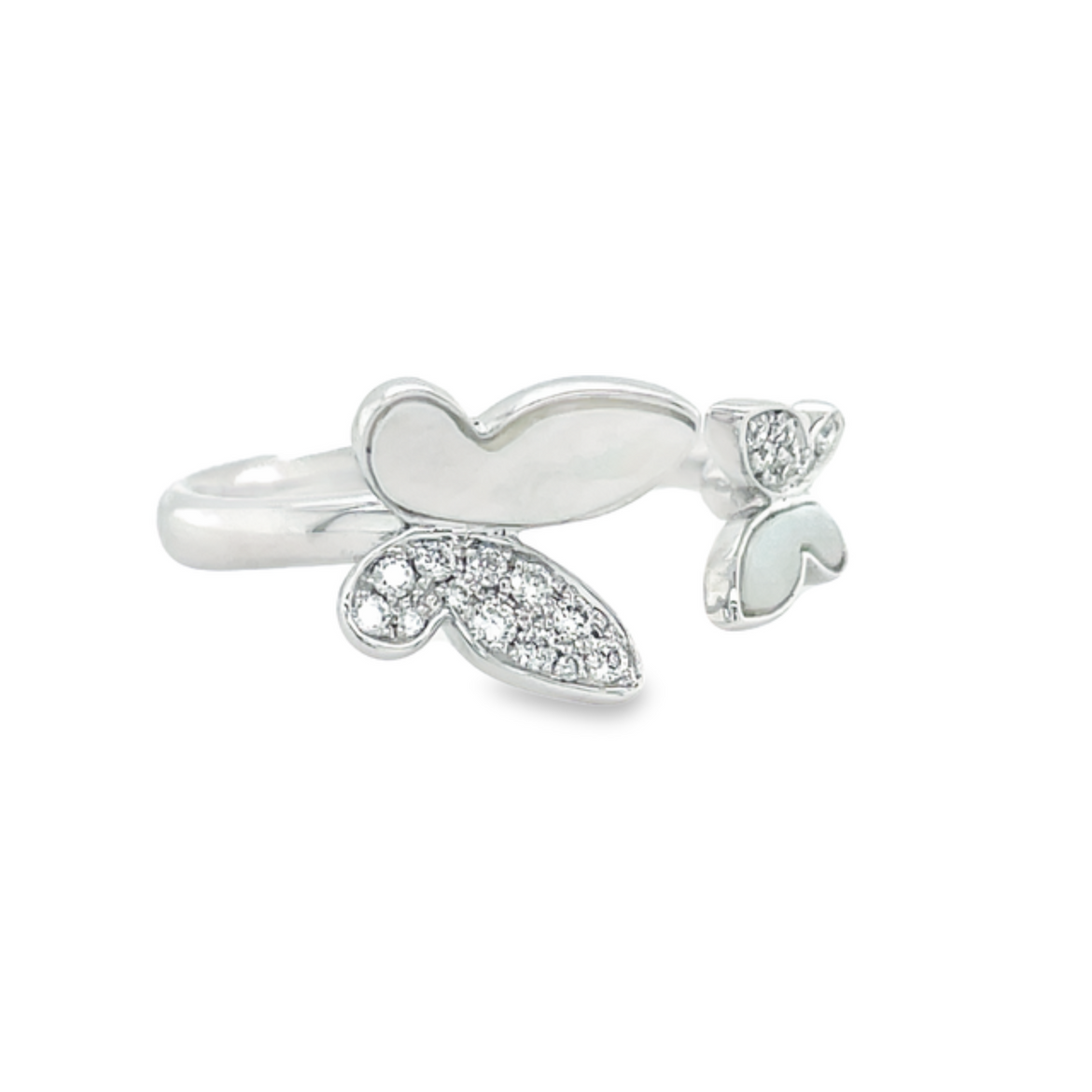 Side view of 18K MOP & Diamond Double Open Butterfly Ring in White Gold