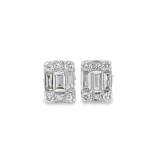 Round & Baguette Illusion Diamond Stud Earrings Front view 