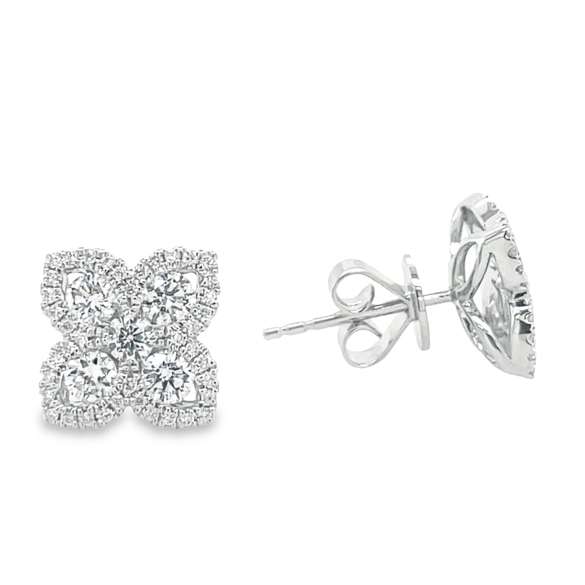 18K Diamond Pavé Set Four Petal Flower Earrings Front and Side View