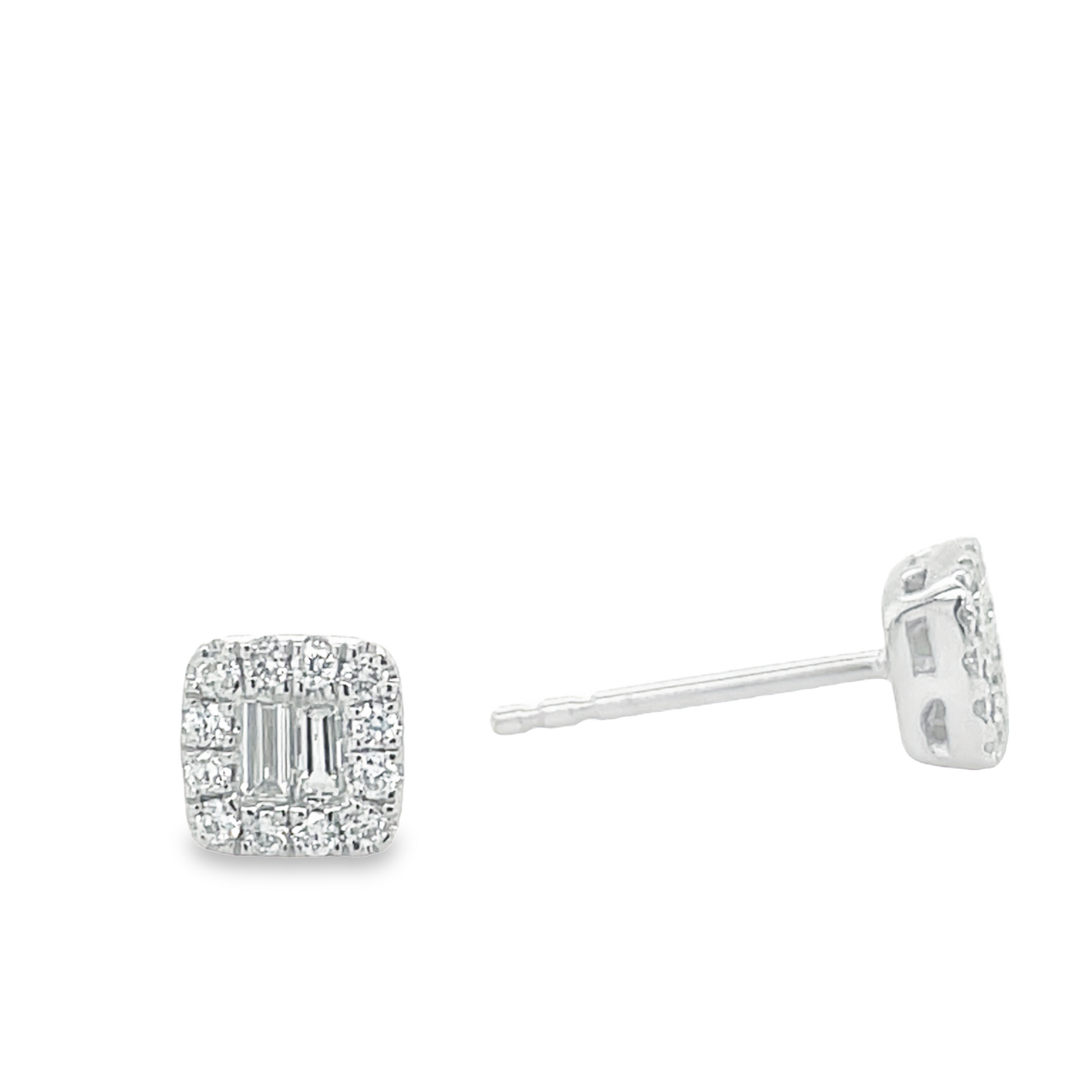Square Baguette & Round Diamond Stud Earrings in White Gold Front and Side View