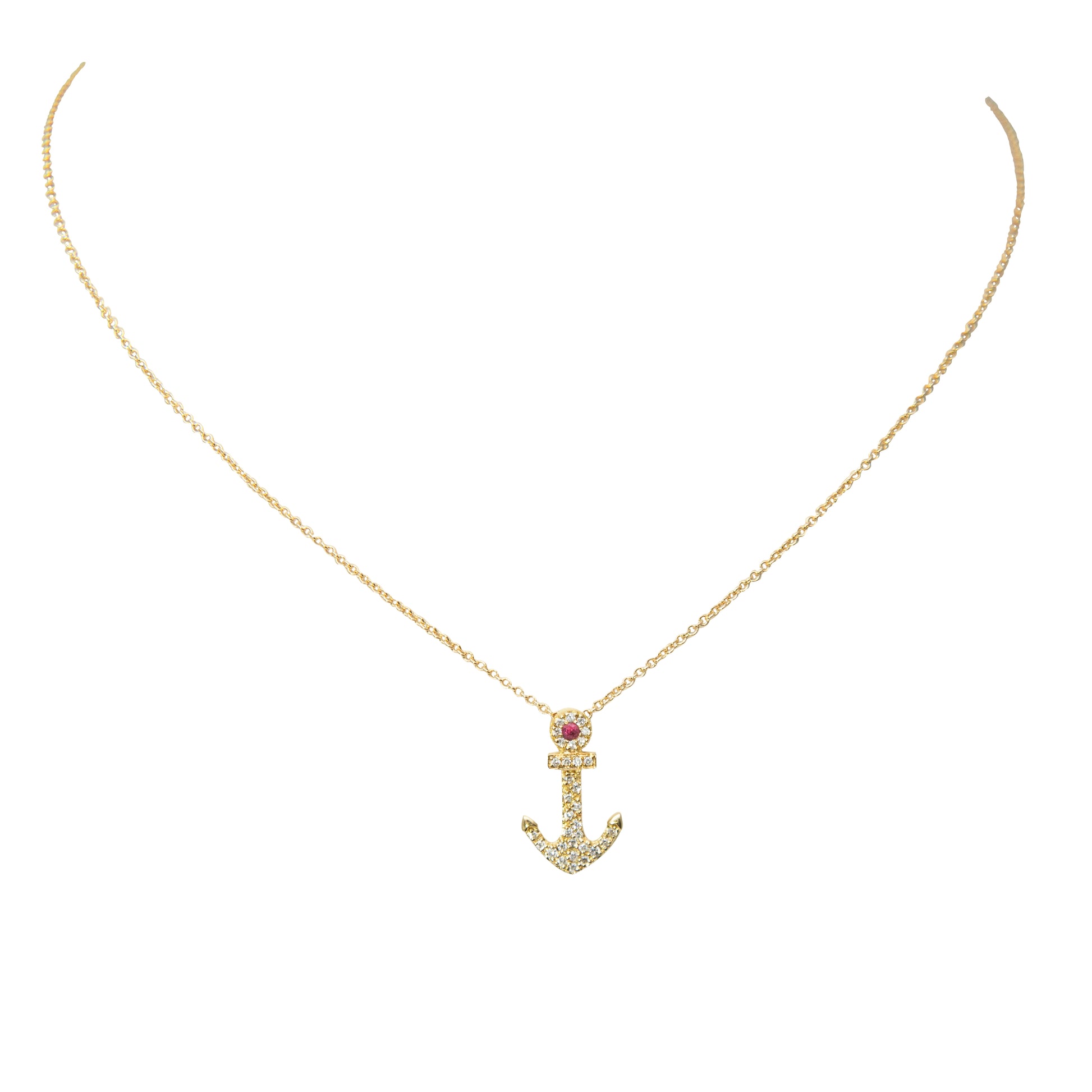 Front view of 18k Yellow Gold Diamond & Ruby Anchor Pendant Necklace