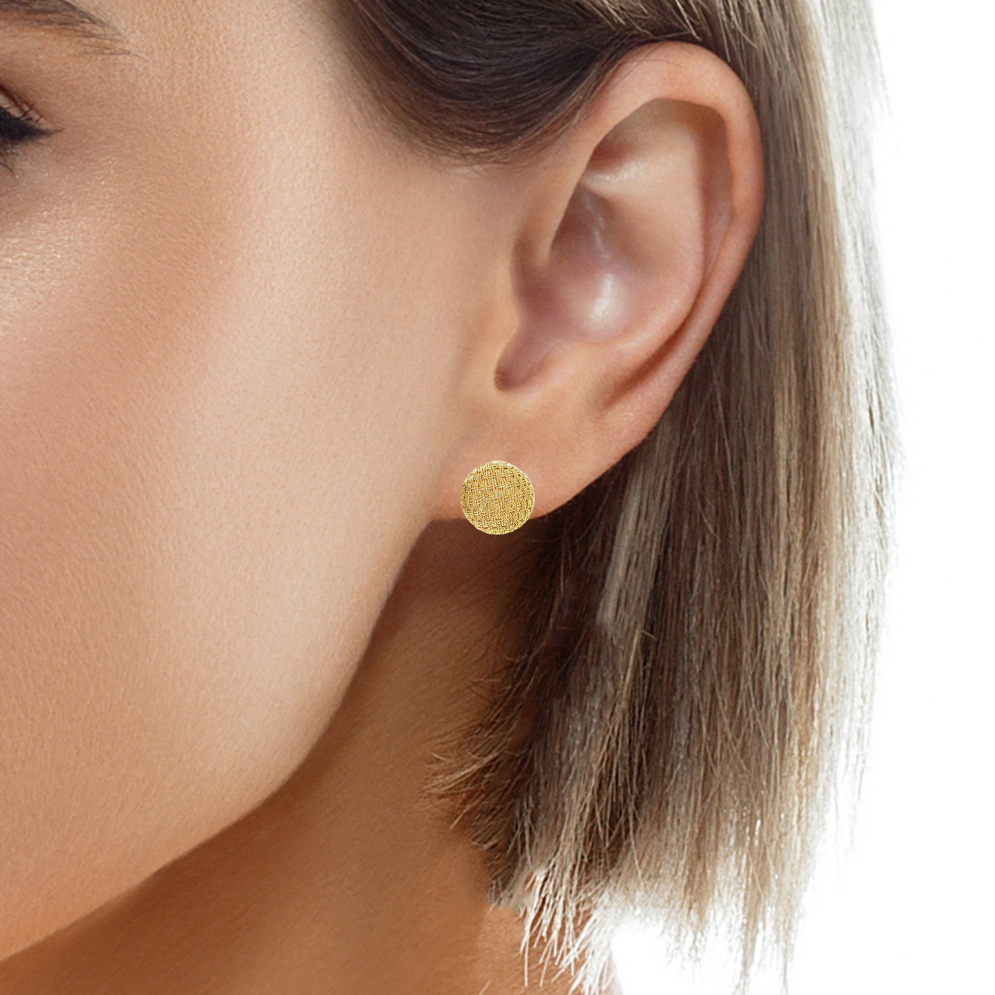 Try on view of 18k Italian Large Twisted Cable Stud Button Earrings 12.00 mm 
