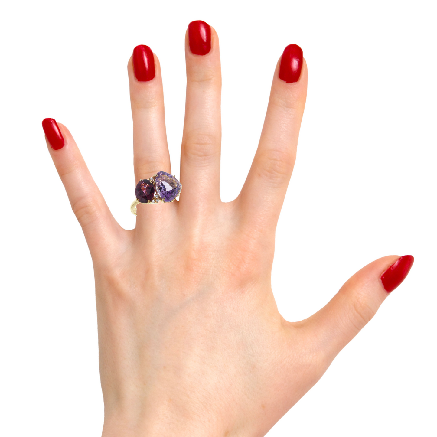 Try on view of 18K Yellow Gold Amethyst, rhodolite & diamond ring