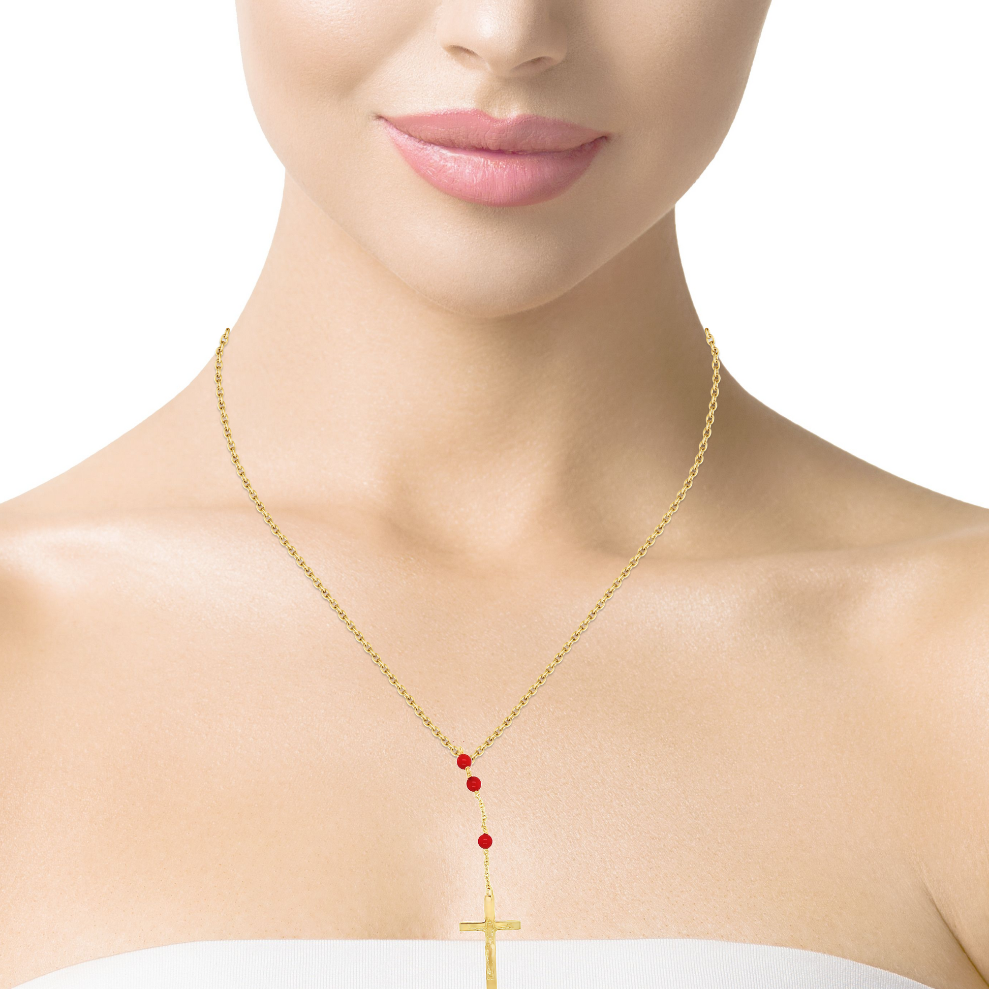 Try on view of 18k Italian Yellow Gold Coral Rosary Necklace