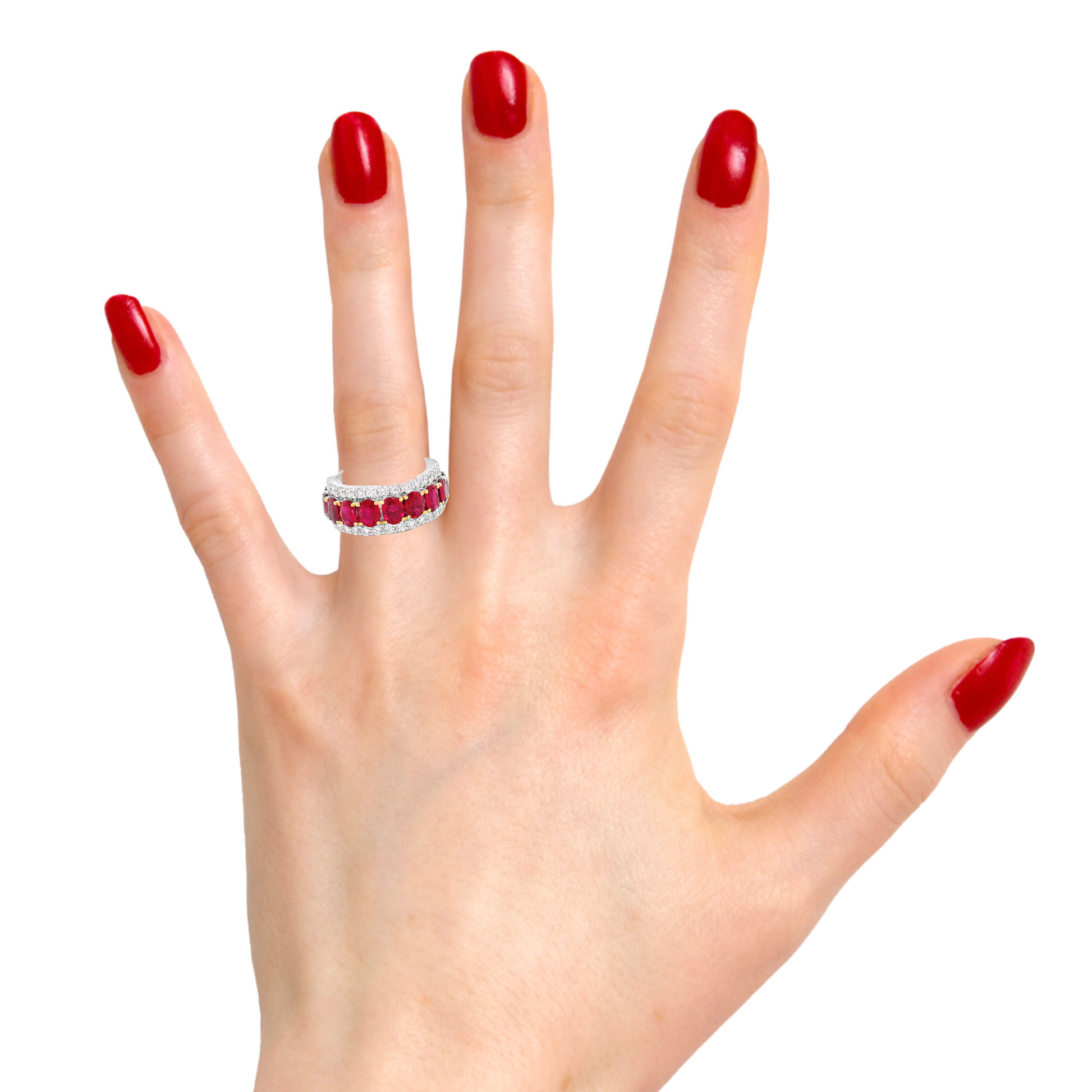 Try on view of 18k Two Tone Oval Shape Ruby & Diamond Eternity Band