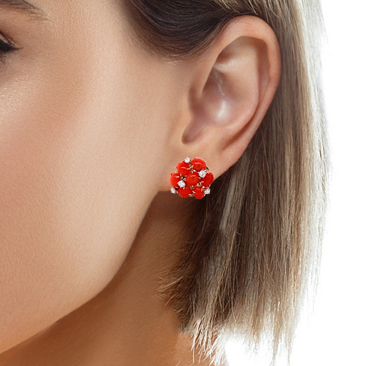 Dandelion Coral Diamond Small Cluster Earrings Try on View