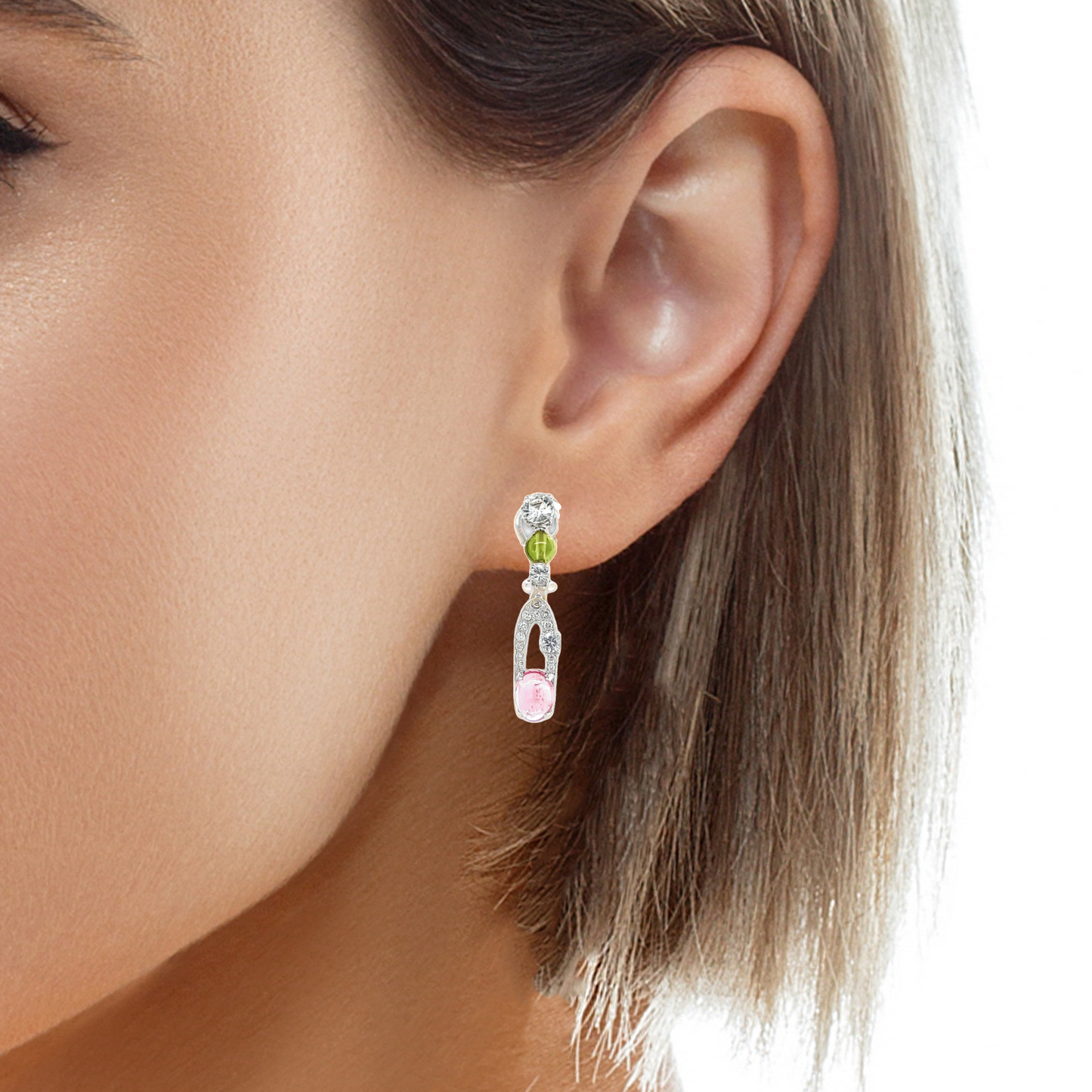 Try on view of 18k White Gold Tourmaline, Diamond & White Sapphire Drop Earrings