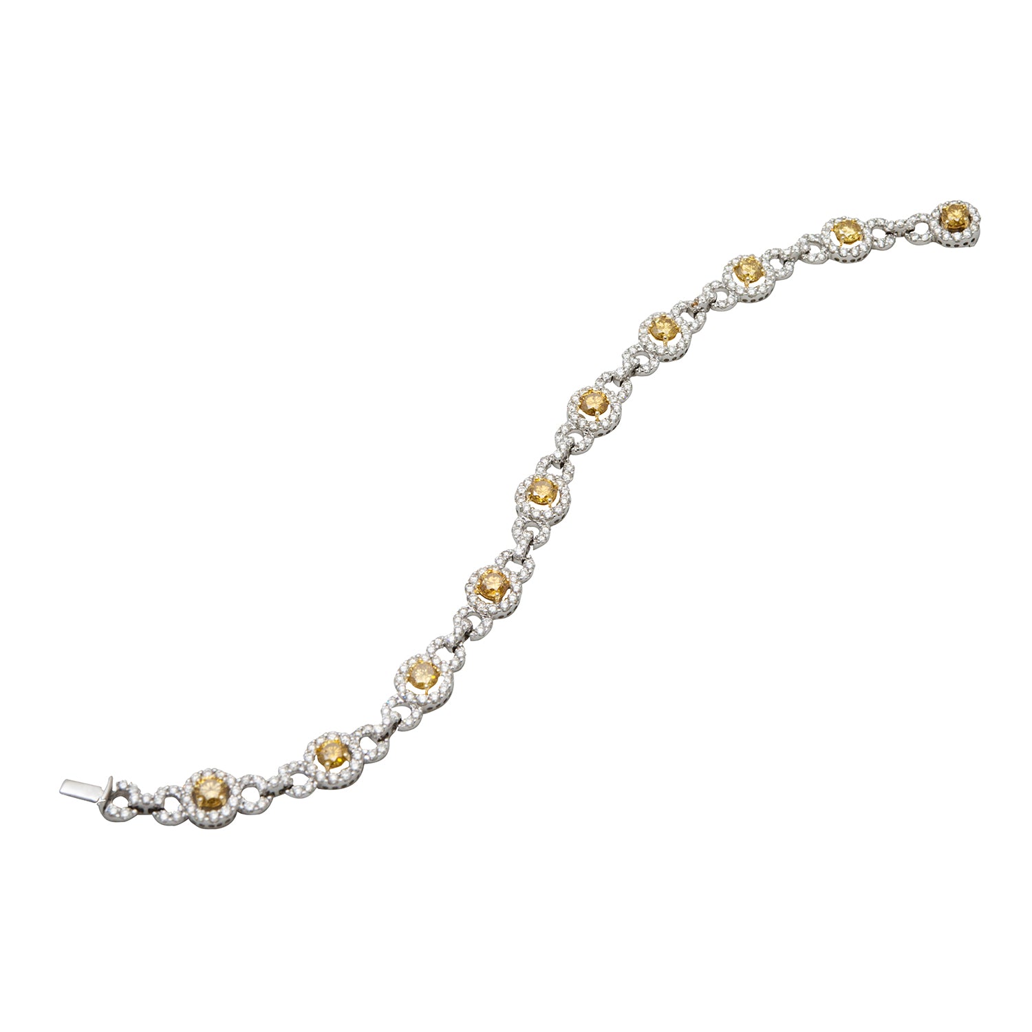 Top view of unfastened 18k White Gold Fancy Yellow & White Diamond Bracelet
