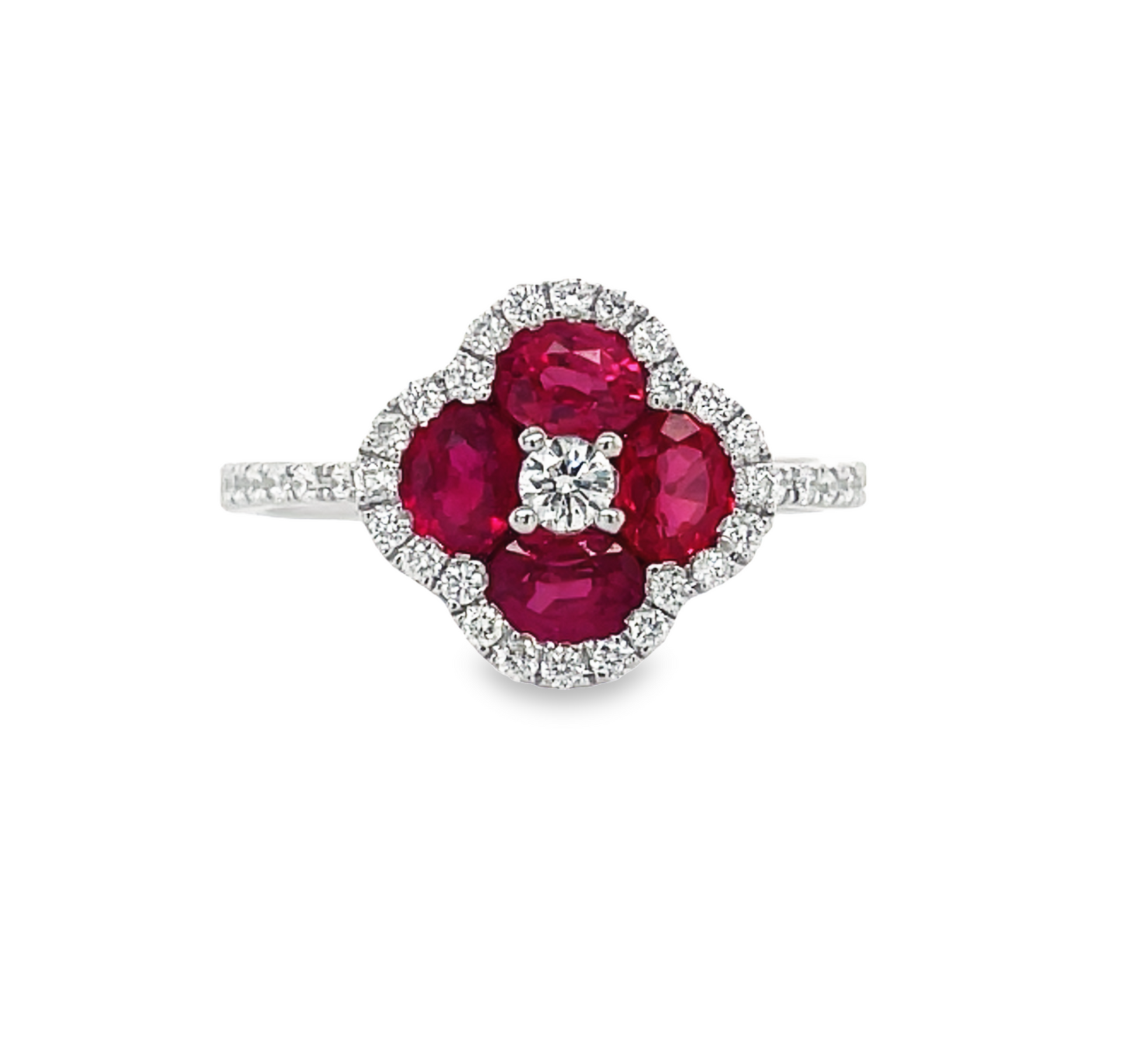 Front view of 14k Whit Gold Ruby & Diamond Clover Motif Ring